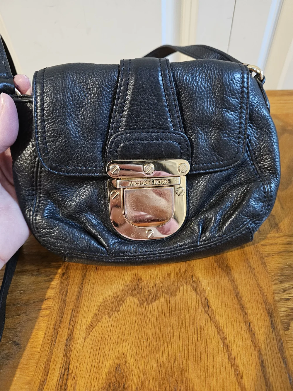 Michael Kors Black Leather Crossbody with Gold-Tone Front Lock